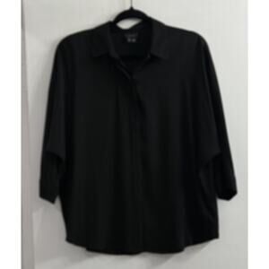 Theory Women's Black Medium Silk Blend Hidden Button Up Minimalist 3/4 Sleeve‎
